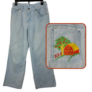 Blue Jeans Sears Junior Jr Bazaar Embroidered Pocket Farm Apple Wide Leg Light S